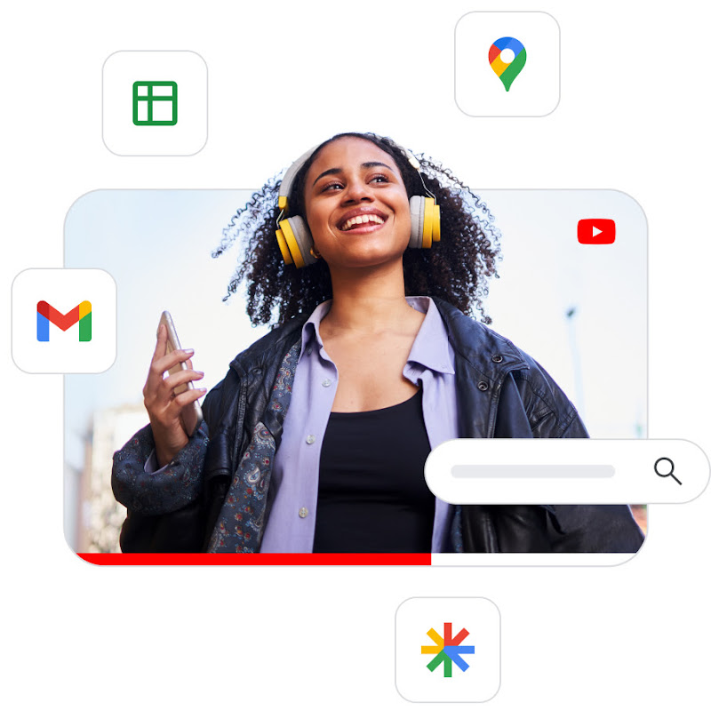 Reklama wideo słuchawek otoczona ikonami różnych usług Google, które symbolizują zasięg kampanii Performance Max.