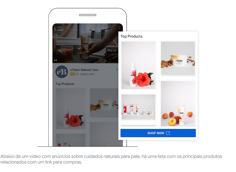 Ao fundo, a tela do celular mostra um vídeo sobre cuidados naturais com o cabeli na parte de cima e anúncios embaixo. Ao lado da tela, há um recorte em destaque com os mesmo anúncios de produtos de beleza.