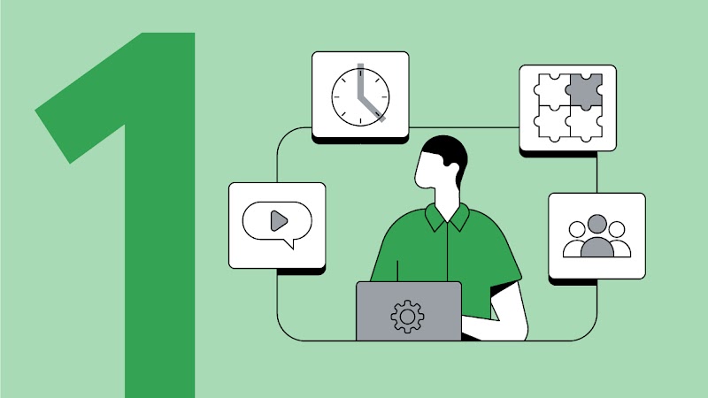 Die Grafik zeigt eine große eins auf der linken Seite und einen Mann mit Laptop auf der rechten Seite.  Die Grafk symbolisiert die Nutzung von Performance Max.