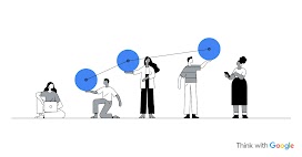 La imagen muestra cinco personas, 3 mujeres y 2 hombres, interactuando con móviles y ordenadores y sosteniendo 3 bolas de azul.