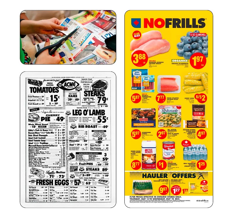 A selection of vintage printed leaflets and coupons from different periods in time. One is in black and white, and two are in colour. All promote special offers on items commonly found in supermarkets, like fruits, meats, and eggs.