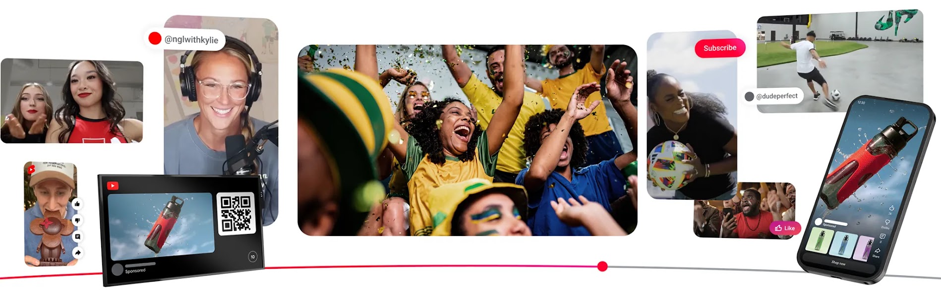 A multimedia collage of social media content including vertical videos, product photos of red soccer cleats and blue/red headphones, and people cheering.