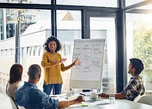 An energetic Black woman in a mustard yellow sweater actively presenting a "Plan Overview" mind map on a whiteboard to three attentive colleagues seated at a table. Sunlight streams in through large windows in the background.