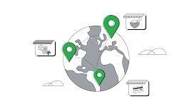 An icon of planet Earth, with three green locations pin icons connected by dotted lines. Around the planet are 3 smaller storefront icons, each with another icon in it. In a clockwise direction: a bowl with chopsticks; a credit card; and a flower bouquet.