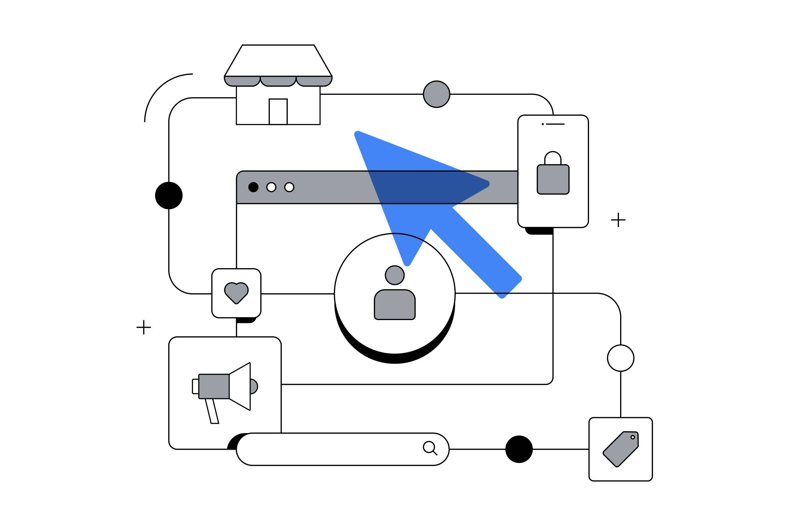 Immagine di due dispositivi. Cellulare con una ricerca Google Maps sullo schermo e laptop con l'immagine del pannello amministratore del profilo dell'attività