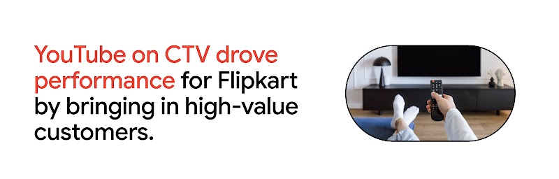 A person relaxing on a couch, pointing a remote at a TV, suggests how YouTube on CTV drove performance for Flipkart by attracting high-value customers, including premium audiences in India.