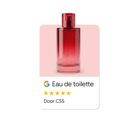 Google-zoekadvertentie van een rode parfumfles genaamd: "Eau de toilette" en een 5-sterrenrecensie.