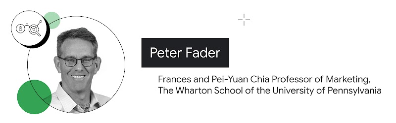 Una lupa sobre un gráfico junto a una foto de Peter Fader, profesor de marketing en la Escuela Wharton de la Universidad de Pensilvania. Fader tiene piel clara, cabello corto y oscuro, usa anteojos y una camisa blanca.