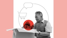 03. How brands can build seamless shopping experiences. An elderly man opens a parcel containing a pair of shoes that he bought online, representing the importance of a strong online brand presence and a seamless e-commerce customer experience.