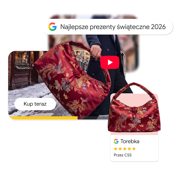 Cyfrowy kolaż ilustrujący świąteczną podróż zakupową po czerwoną haftowaną torebkę, zawierający pasek wyszukiwania Google dla hasła „Najlepsze prezenty świąteczne 2026", fragment wideo z YouTube z przyciskiem „Kup teraz" oraz kartę produktu Google Shopping z 5 gwiazdkami.