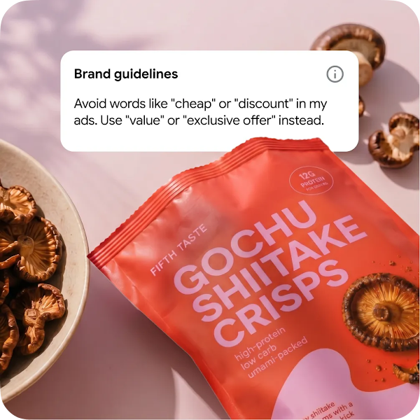 A bag of shiitake crisps next to a "Brand guidelines" pop-up suggesting the use of words like "value" or "exclusive offer" over "cheap."