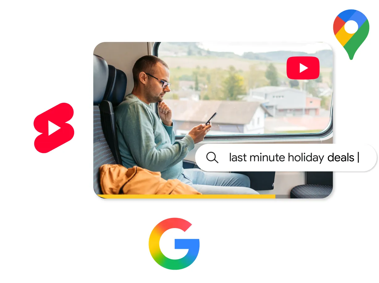 A composite image featuring a man in a green sweater seated on a train, looking at his smartphone while looking out the window. Overlaid UI elements include a search bar reading “last minute holiday deals |,” along with icons for YouTube, YouTube Shorts, Google Maps, and the Google "G" logo, suggesting travel-related search and video discovery.