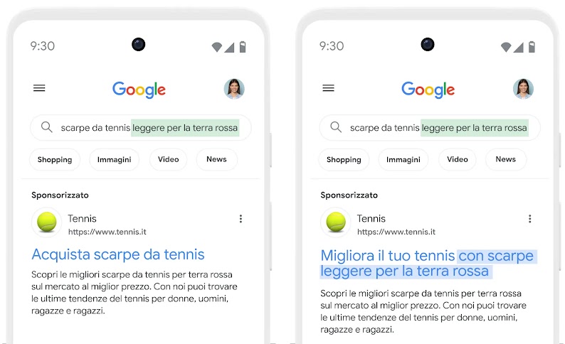 Due screenshot mostrano una ricerca Google per "scarpe da tennis leggere per la terra rossa". Il primo annuncio sponsorizzato offre "Acquista scarpe per terra rossa", mentre il secondo: "Migliora il tuo tennis con scarpe leggere per la terra rossa".