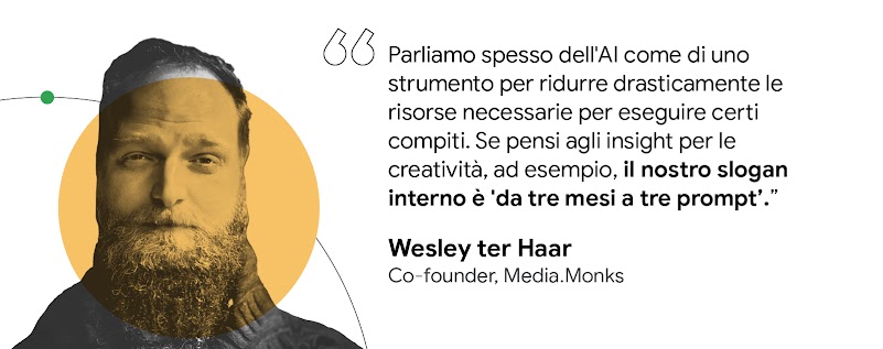 Parliamo spesso dell'AI come di uno strumento per ridurre drasticamente le risorse necessarie per eseguire certi compiti. Se pensi agli insight per le creatività, ad esempio, il nostro slogan interno è 'da tre mesi a tre prompt' — Wesley ter Haar, Co-foun