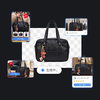 中央の黒いレザーハンドバッグを中心に、動画広告、AI生成中を示す「生成中…」のテキストバブル、製品検索結果などの広告クリエイティブが表示されているイメージイラスト。