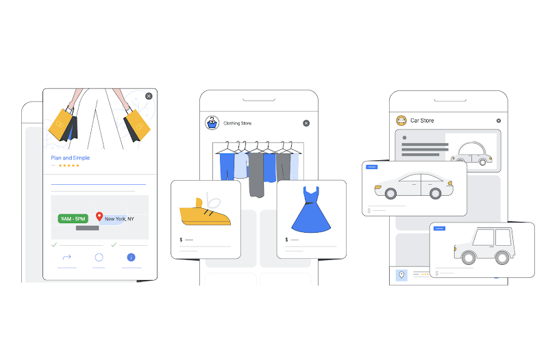 Un anuncio de una joyería que incluye la ubicación de la tienda. ,  Perfil de negocio de una tienda de ropa que destaca varios artículos en venta. , Perfil de negocio de una tienda de automóviles que muestra los distintos automóviles en oferta, así como información de la ubicación.