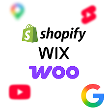 Logos for e-commerce platforms Shopify, Wix, and WooCommerce centered on a white background, surrounded by blurred icons for Google Maps, YouTube Shorts, YouTube, and Google.