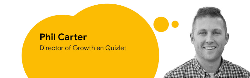 Imagen de Phil Carter con un bocadillo amarillo en el que se lee su nombre y su cargo: Director of Growth en Quizlet