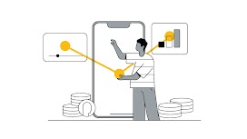 A man pointing at a mobile screen with charts, video and stacks of coins surrounding him, representing the retail investing trends and behavior of self-directed investors in Hong Kong.