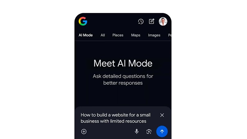 Um dispositivo móvel está aberto em "Conheça o AI Mode", um novo recurso encontrado na Busca do Google. O usuário pergunta: "Como criar um site para uma pequena empresa com recursos limitados".