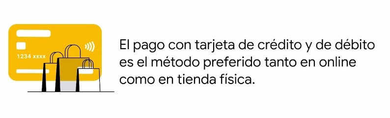 Unas bolsas de compras detrás de una tarjeta de crédito amarilla con la leyenda: El pago con tarjeta de crédito y de débito es el método preferido tanto en online como en tienda física.