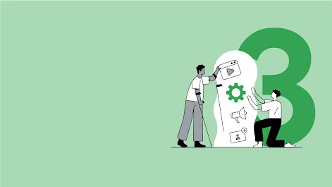 Alt-Text: Die Grafik zeigt eine große drei auf der linken Seite und zwei Personen mit mehreren Icons in der Mitte. Die Grafk symbolisiert die Nutzung von App-Kampagnen.