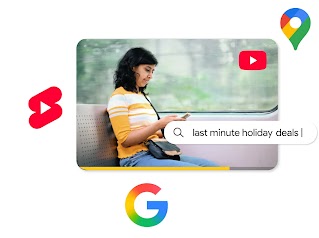 A traveler using a smartphone to search for "last minute holiday deals" while on public transit. The scene is framed by various Google ecosystem logos, including Search, YouTube, and Maps, highlighting travel planning tools.