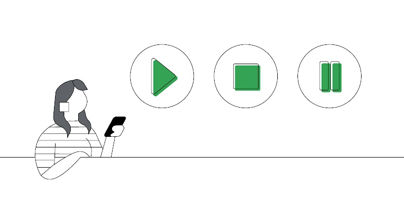 Illustration d'une femme utilisant un appareil mobile. À côté d'elle se trouvent trois boutons (lecture/arrêt/pause).