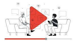 Dos personas conversan sentadas en dos sillones una frente a la otra, a la izquierda un señor de pelo blanco, gafas y barca y a la derecha un chico más joven de pelo negro, en el centro un play rojo y varios cuadros de diálogo.