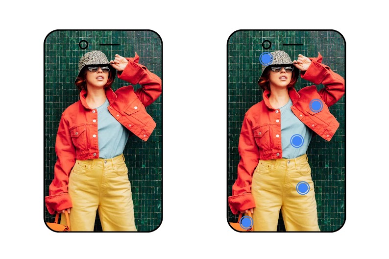 Dos pantallas de móvil muestran un anuncio con una modelo de ropa con chaqueta naranja, pantalones amarillos y sombrero. A la derecha el anuncio tiene puntos señalando los principales artículos.