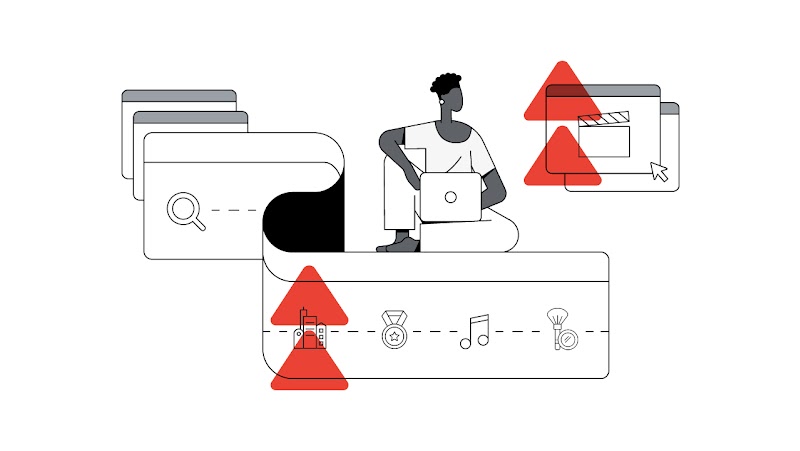 Uma mulher negra usa o laptop, cercada por telas e triângulos vermelhos apontados para cima, destacando assuntos relevantes em conteúdo de vídeo online.