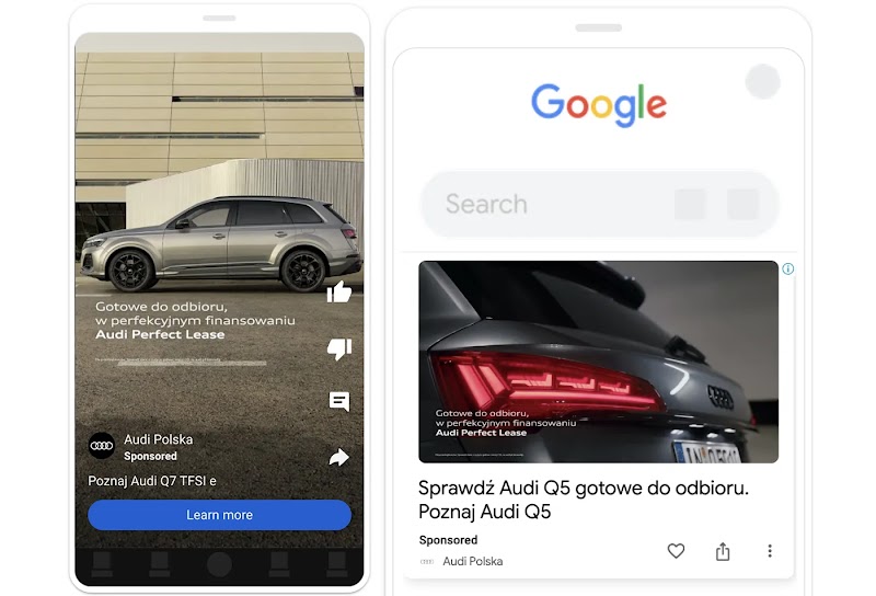 Full screen immersive ad for an Audi car on YouTube, Google homepage with an Audi advertisement placed directly below the search bar, featuring a sleek, dark-colored Audi sedan.
