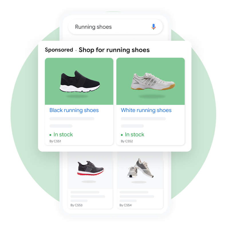 User interface demonstrating a user searching for running shoes on Google Shopping, with a pop-out of the sponsored results enhanced for emphasis.