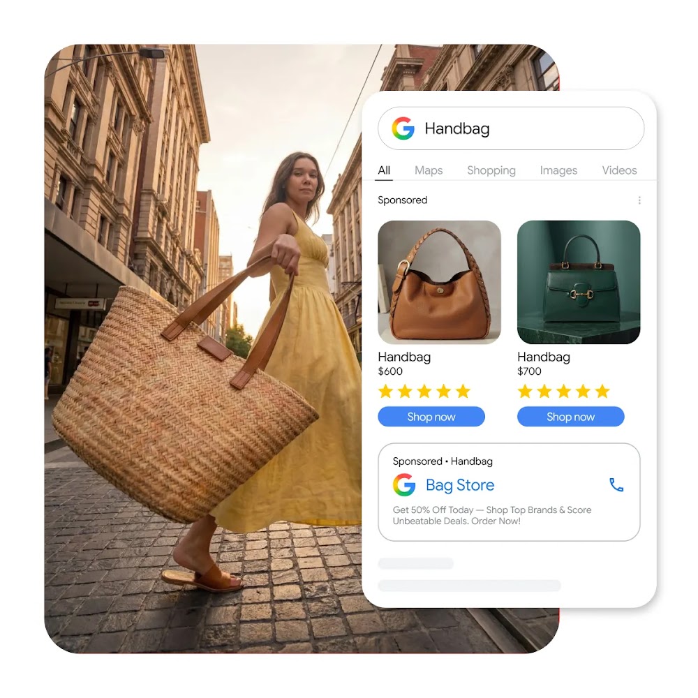 A woman wearing a yellow dress carrying a large woven tote bag on a city street, overlaid with a Google search overlay for "Handbag" showing sponsored shopping results.