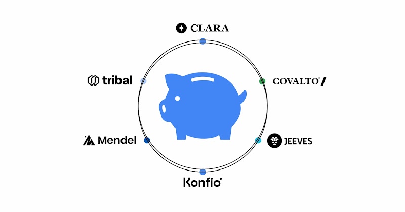 Los logos de las fintech Clara, Covalto, Jeeves, Konfío, Mendel, Tribal, en alianza con Google, formando un ecosistema alrededor de un comercio pyme.