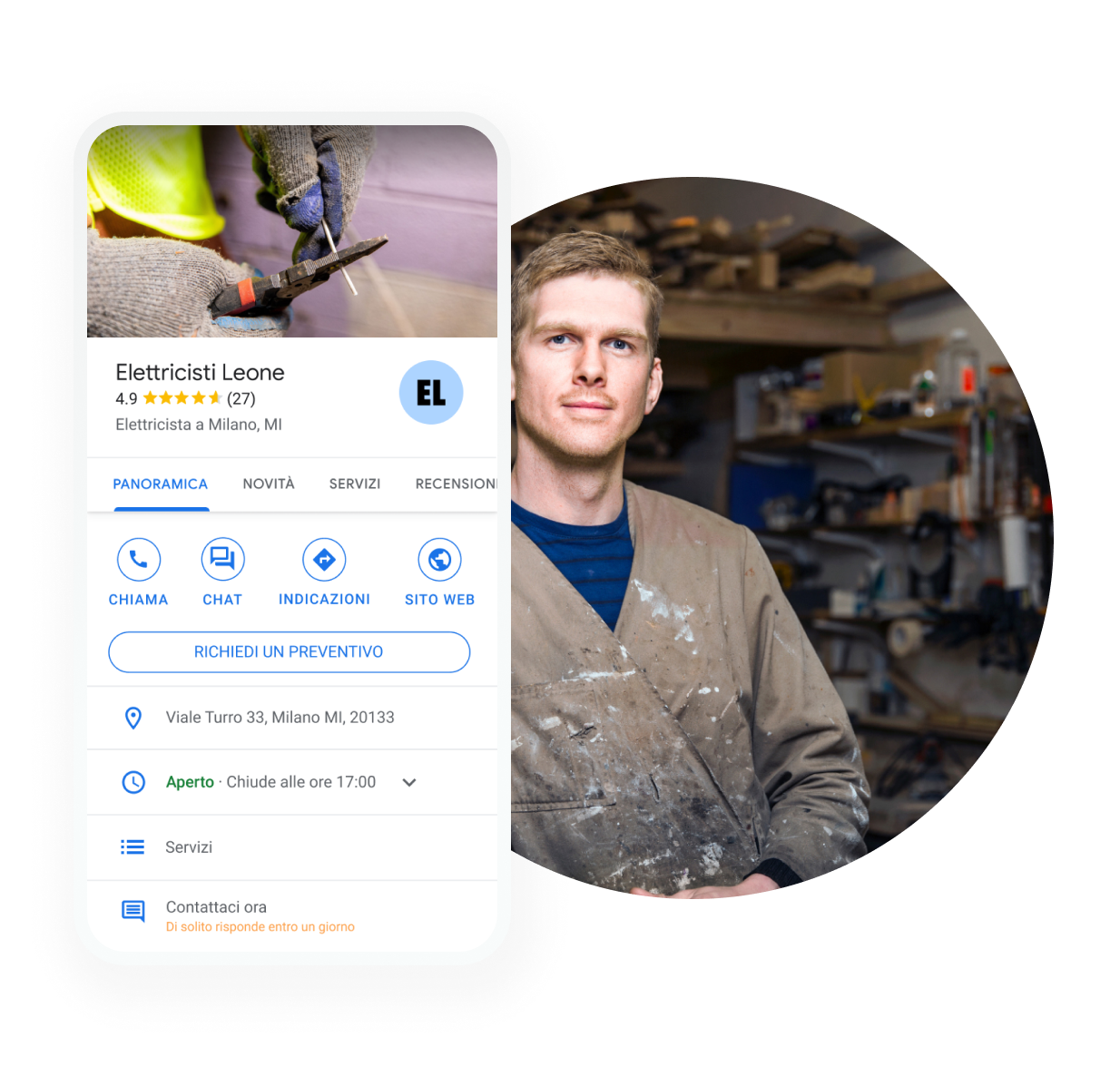 Pagina di servizi: immagine promozionale in overlay che ritrae il profilo di un'attività di servizi su un dispositivo mobile