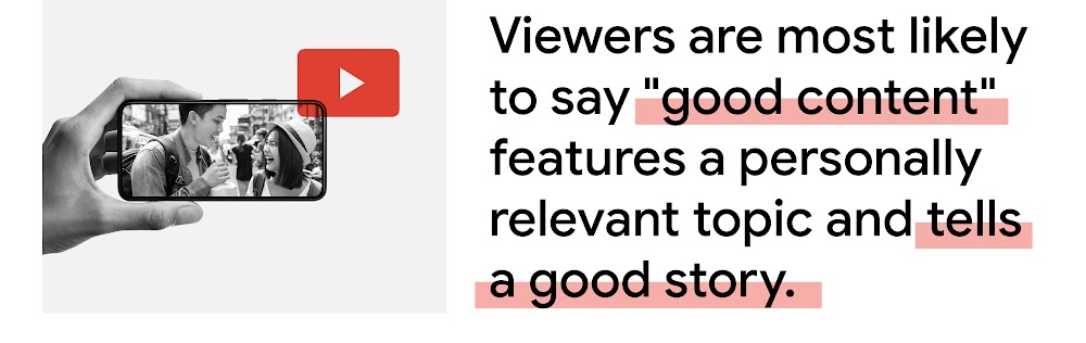 A YouTube icon beside a mobile screen showing a video of two people laughing during a street interview. Korean viewers are most likely to say “good content” features a personally relevant topic and tells a good story.