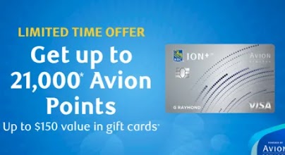 Digital ad for a limited time credit card offer for up to 21,000 Avion points and up to $150 value in gift cards.