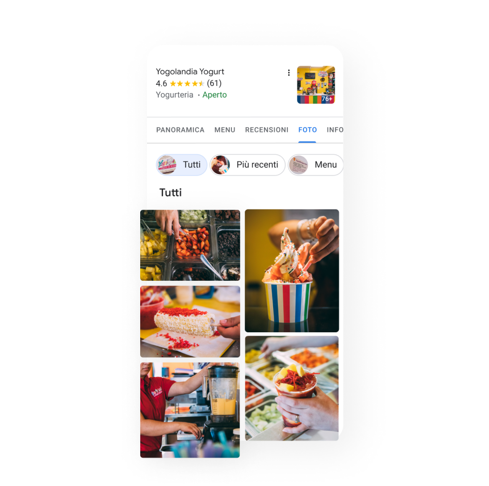 Immagine del profilo di un'attività su un dispositivo mobile che ritrae la galleria dei prodotti dell'attività con foto