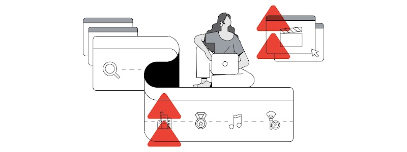 Una mujer utiliza un ordenador portátil, rodeada de pantallas y triángulos rojos que apuntan hacia arriba, destacando temas relevantes en contenidos de vídeo en línea.