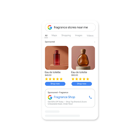 A mobile phone Google Search screen with a search query: “Fragrance stores near me” and in the results it shows ads of perfumes with their names, prices and 5 stars reviews and a card with the Fragrance shop phone.