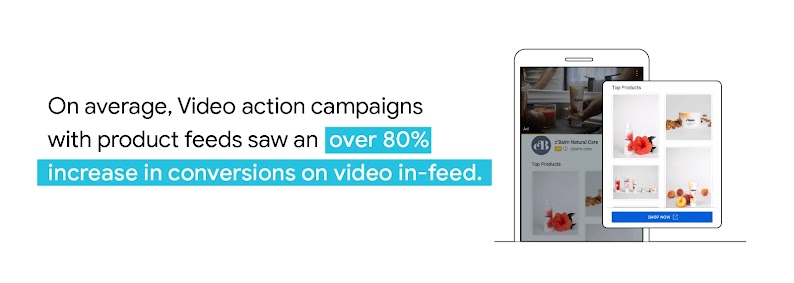 A mobile phone shows a product feed for the company c’Balm Natural Care. On average, Video action campaigns with product feeds saw an over 80% increase in conversions on video in-feed.
