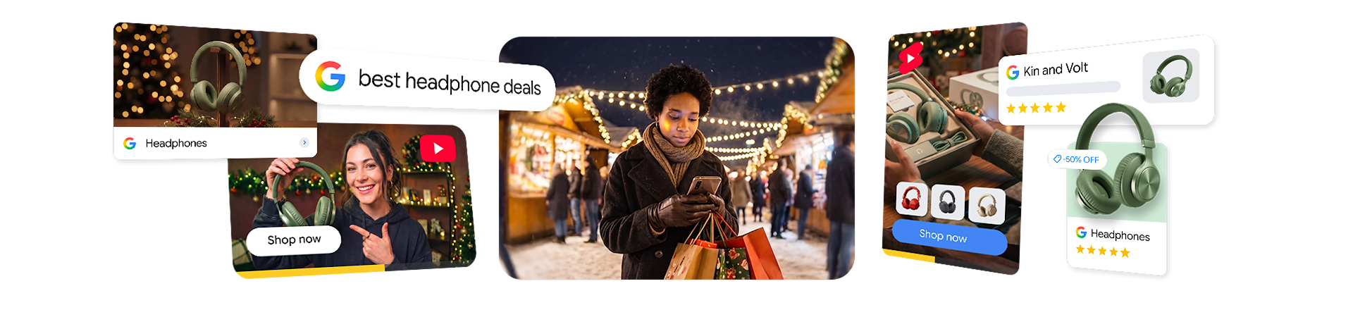 A digital collage illustrating a holiday shopping journey, featuring a person using a smartphone at a winter market surrounded by digital Google Search bar saying: “Best headphone deals”, YouTube, YouTube Shorts and Google Shopping Ads for green headphones.