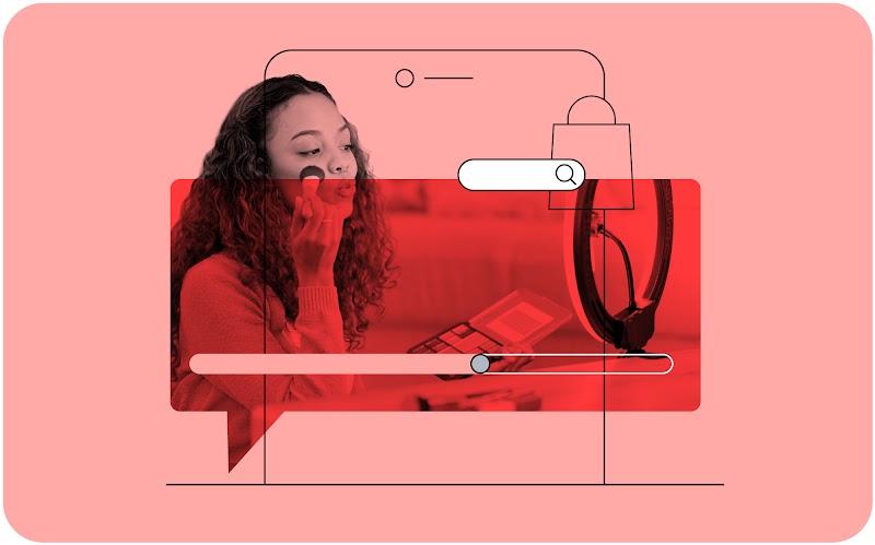 Uma pessoa negra de cabelos longos e cacheados está gravando um vídeo enquanto se maquia. Sobre essa imagem sobrepõem-se um balão de conversa, um celular, uma sacola de compras e um ícone de busca.