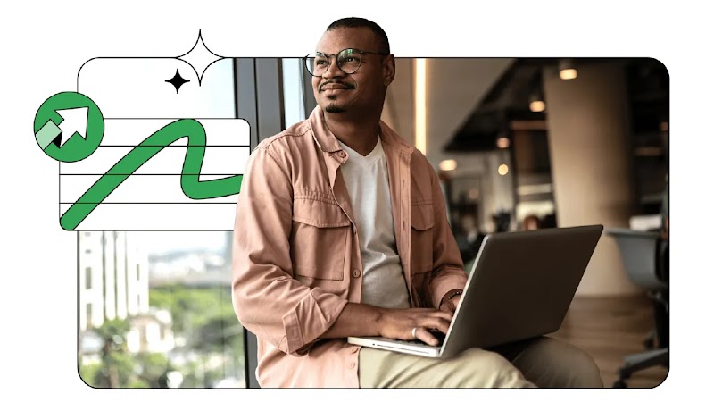 Ilustración de un hombre de tez negra sonriente usando una laptop junto a una ventana en una oficina. Un gráfico de crecimiento verde con una flecha ascendente está en la esquina superior izquierda, indicando éxito.
