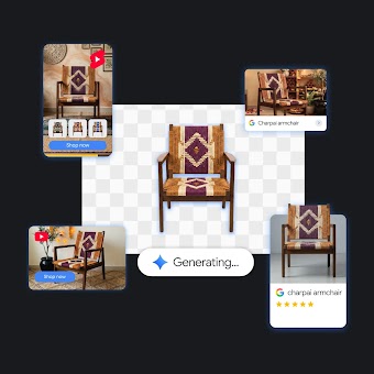 A handwoven charpai armchair isolated in the center with a "Generating..." prompt badge, surrounded by generated ad previews titled "Charpai armchair".