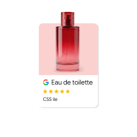 "Eau de toilette" adlı kırmızı bir parfüm şişesinin Google Arama Reklamı ve 5 yıldızlı yorumu.