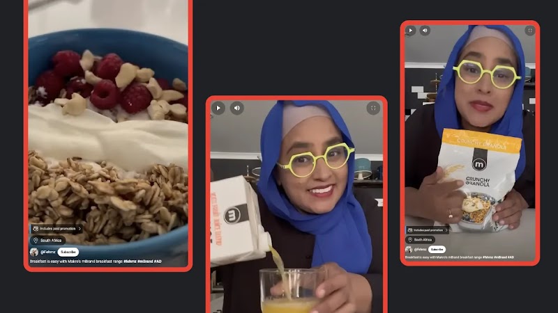 Three video frames arranged vertically against a dark gray background showcase influencer Fehmz promoting "m" Crunchy Granola.