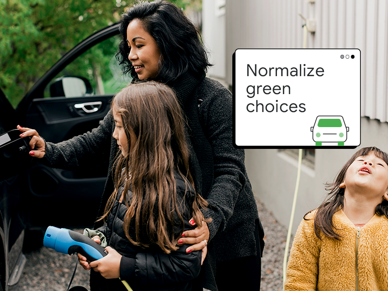 A mom with dark hair and medium skin shows her daughters how to charge their electric car.  A pop-up window reads “Normalize green choices.”