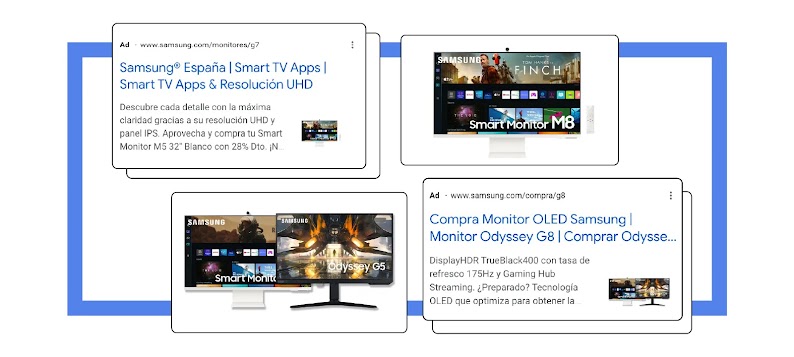Imágenes de monitores de Samsung en sus anuncios de búsqueda con textos donde se lee texto promocional sobre sus productos de monitores.